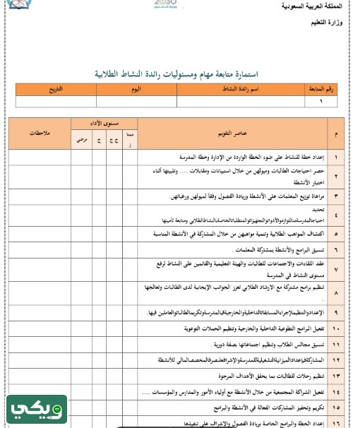 استمارة متابعة رائدة النشاط حسب الدليل الاجرائي